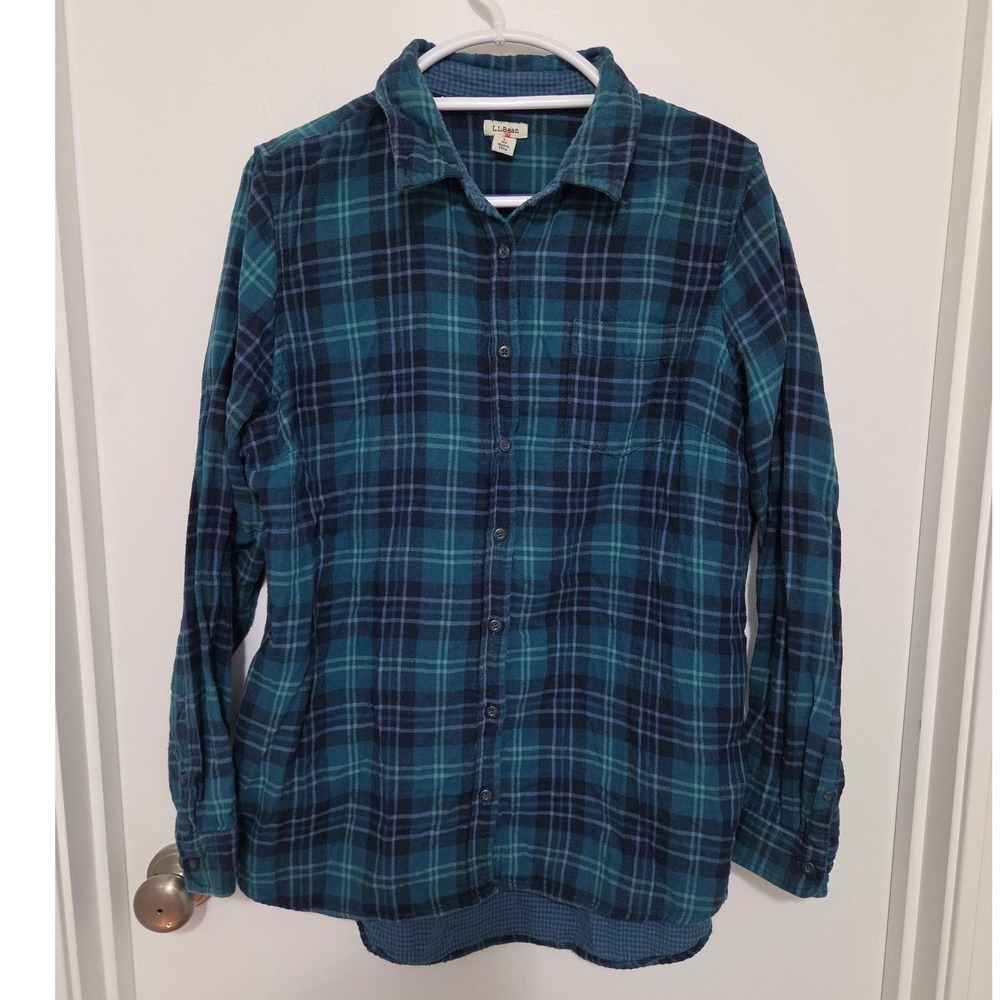 LL Bean Womens Blue Teal Plaid Flannel Button Down Shirt Large 503444 Fall